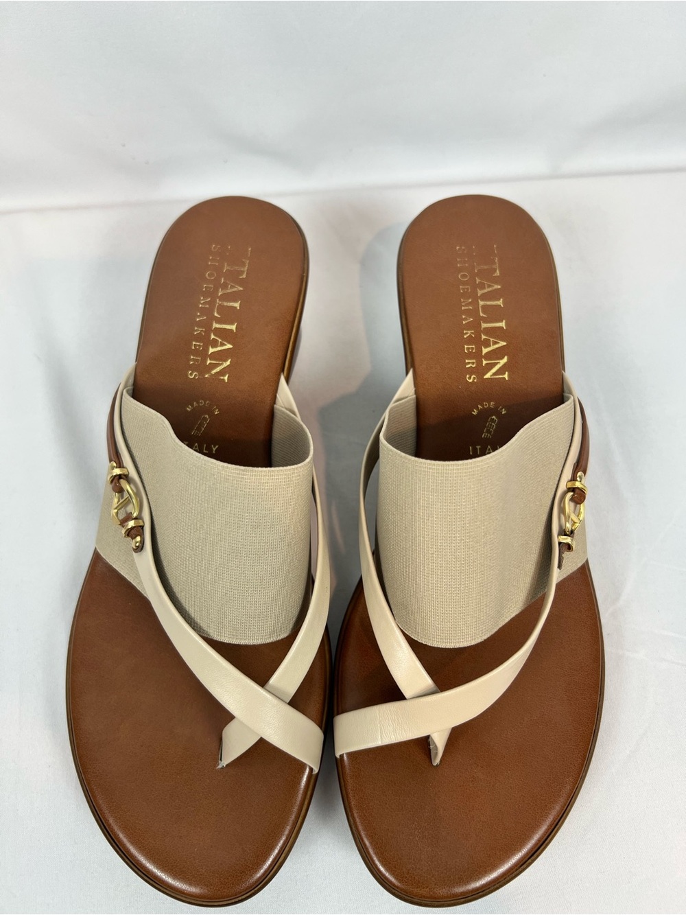 Italian Shoemakers Cream and Brown Slide Sandals with Gold Accent
